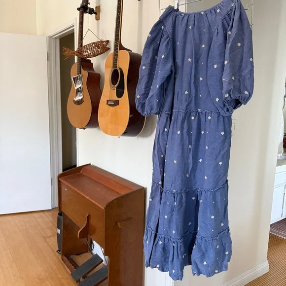 Harper Sage Secret Garden Dress puff Sleeves daisy & polka dot blue Midi dress - Picture 7 of 9